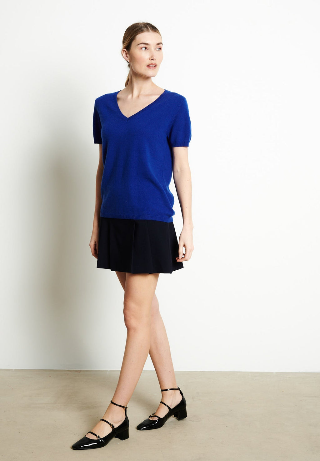 LILLY 14 V-neck cashmere T-shirt short sleeves petrol blue