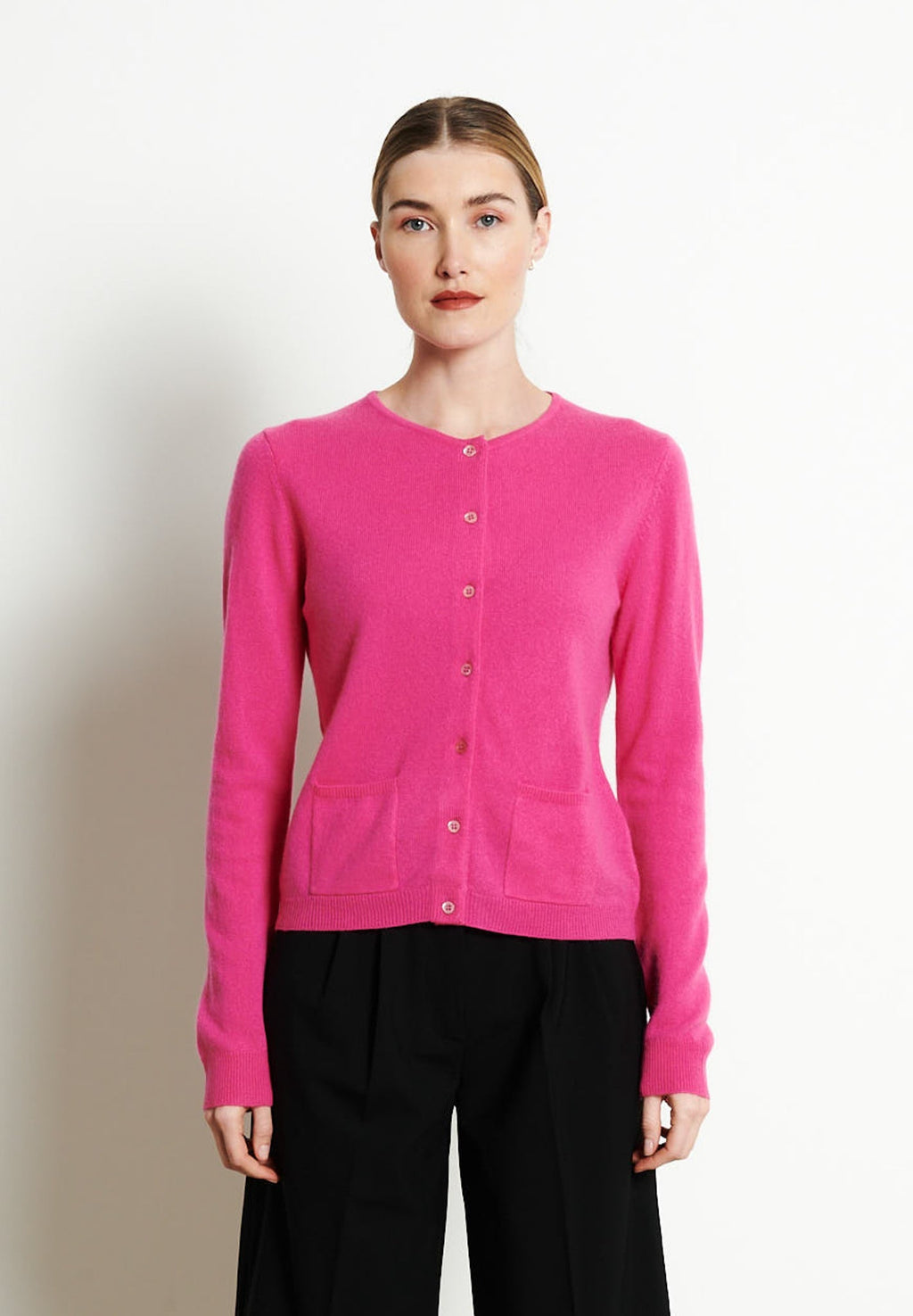 LILLY 4 Round-neck cashmere cardigan in Indian pink