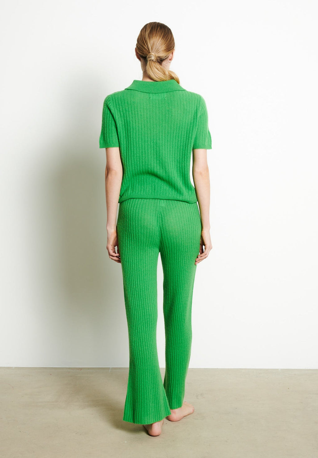 RIA 13 Apple green cashmere croptop polo shirt in traditional ribbing