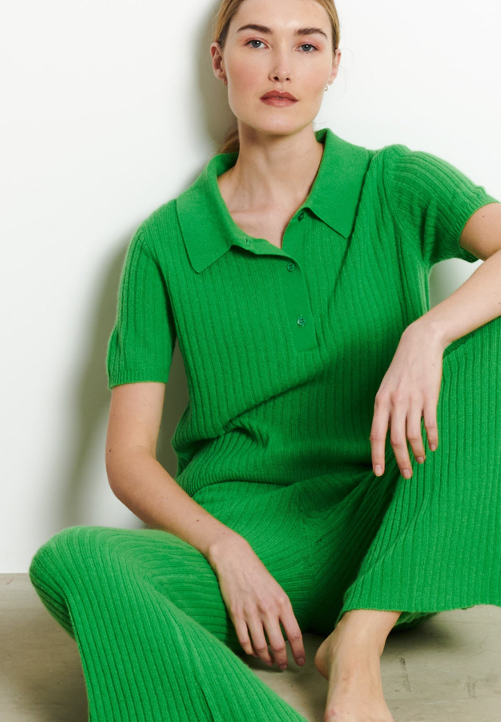 RIA 13 Apple green cashmere croptop polo shirt in traditional ribbing