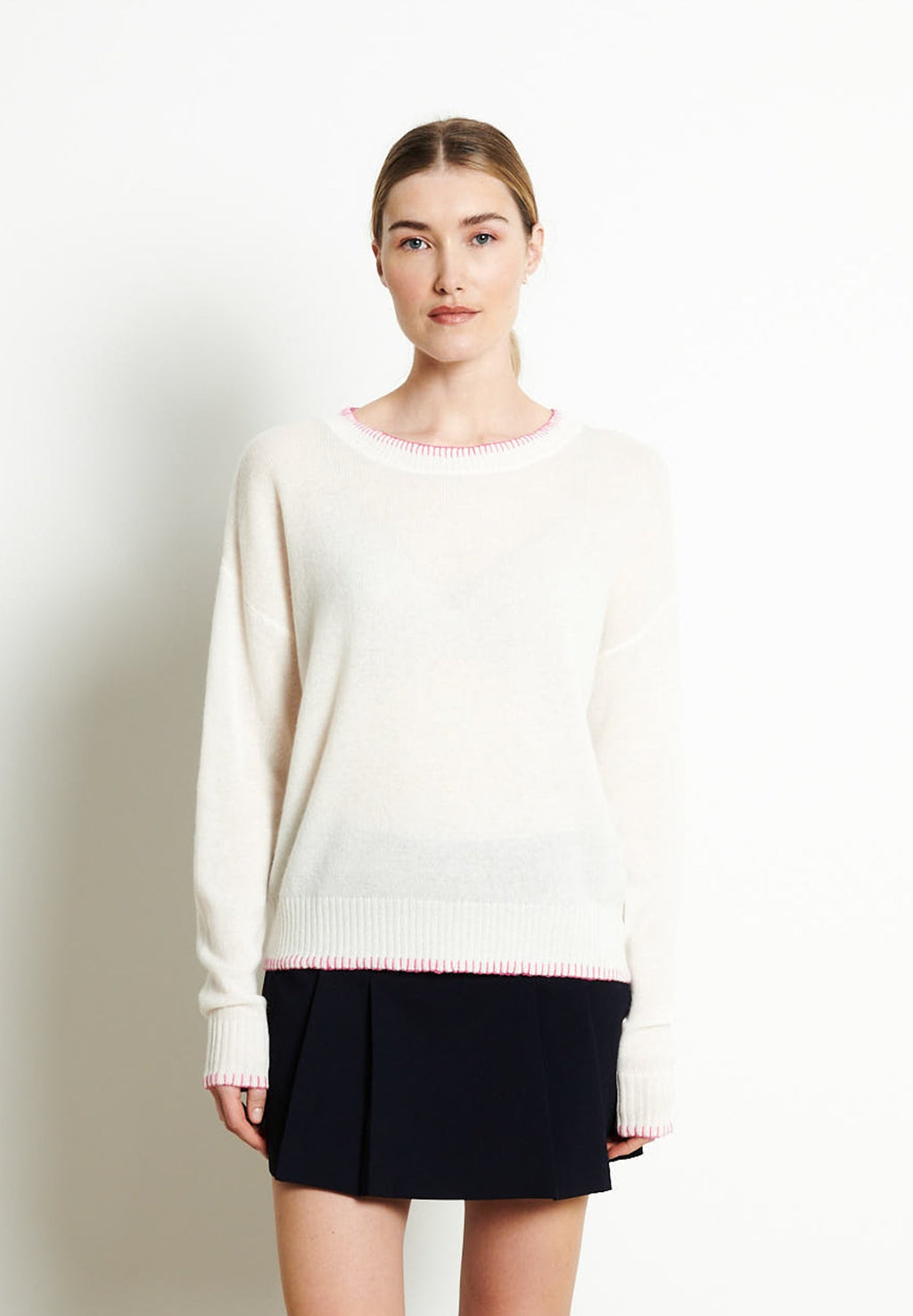 RIA 15 Oversized round neck sweater with visible seam in off-white cashmere