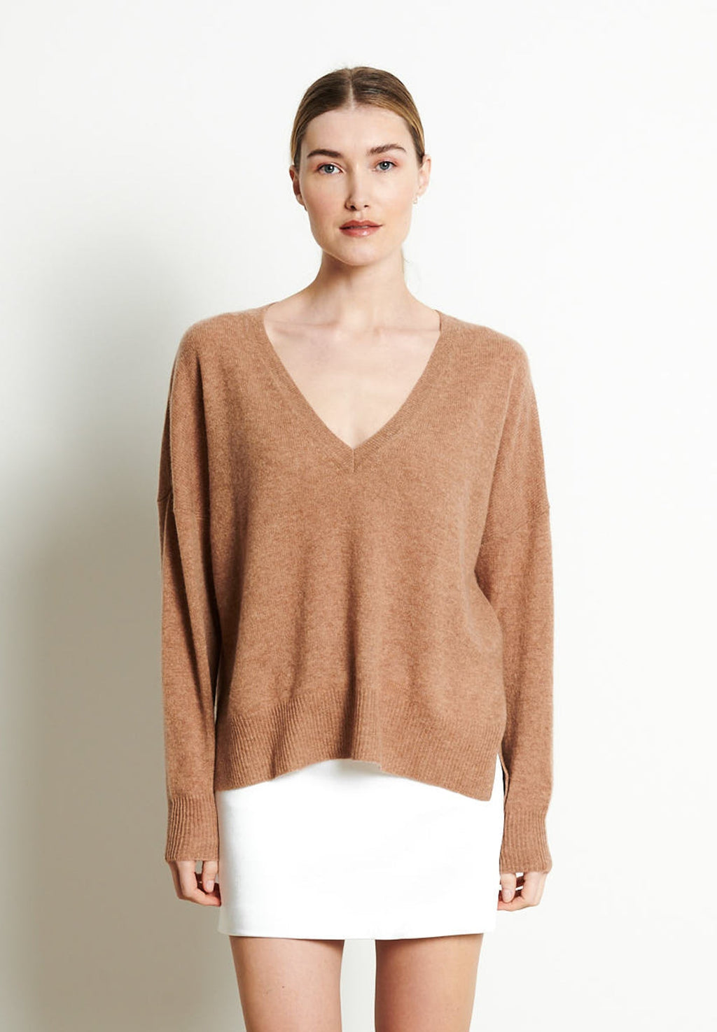 RIA 3 Oversized deep V-neck cashmere sweater in  in camel