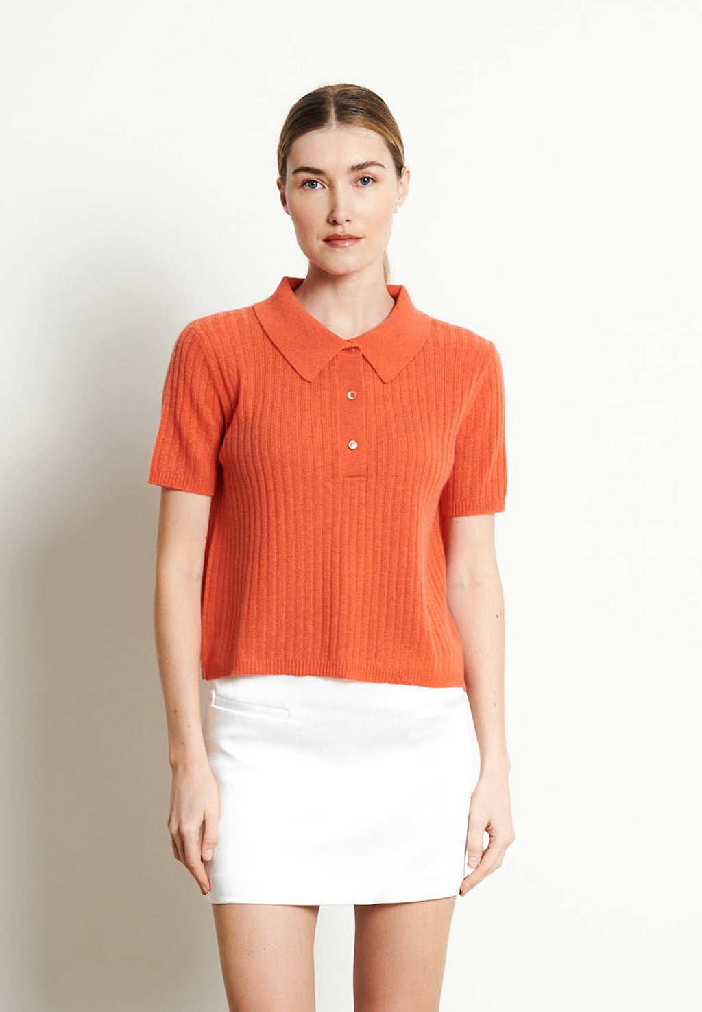 RIA 13 Traditional ribbed croptop polo shirt in tangerine cashmere