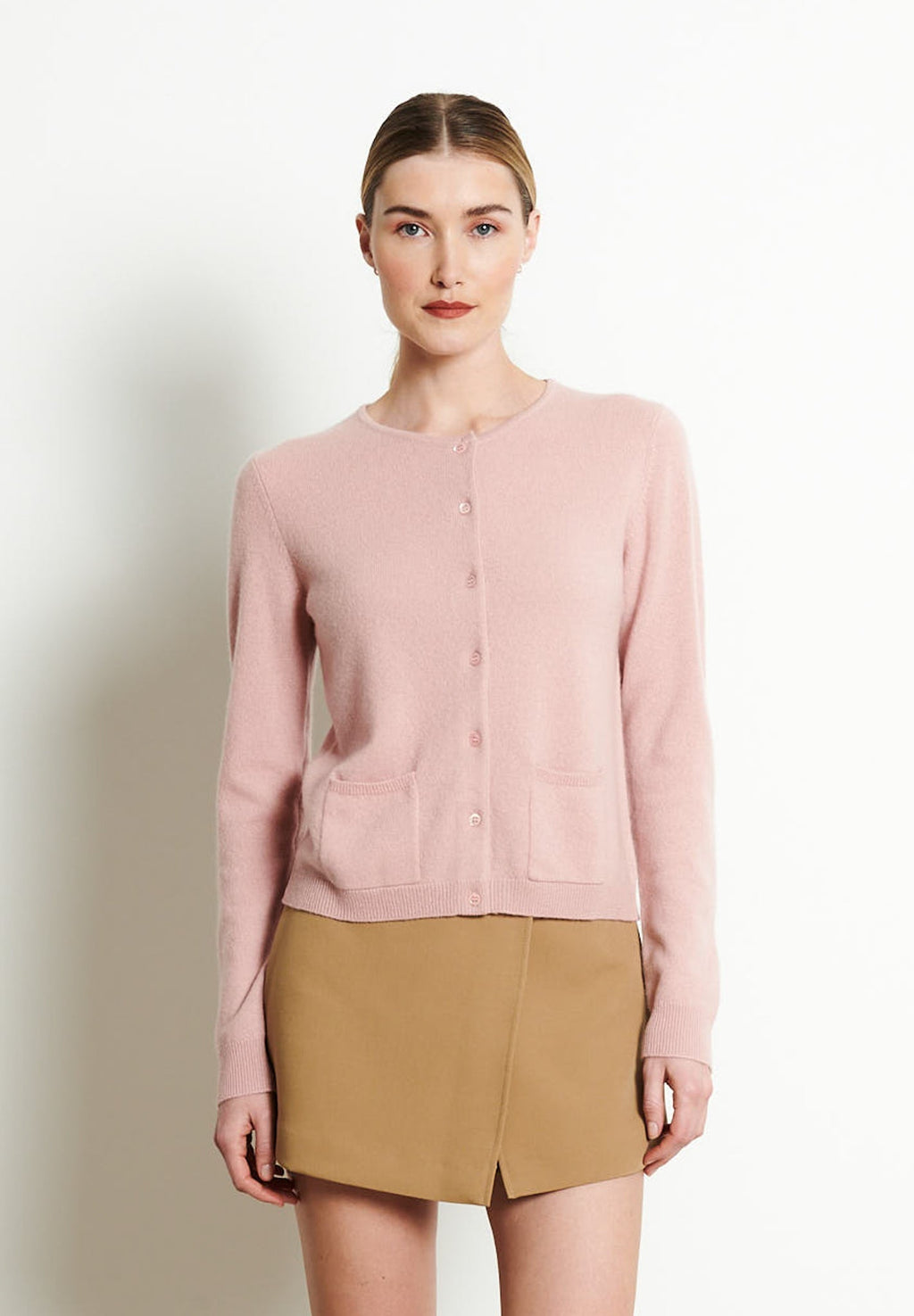 LILLY 4 Round-neck cashmere cardigan in powder pink