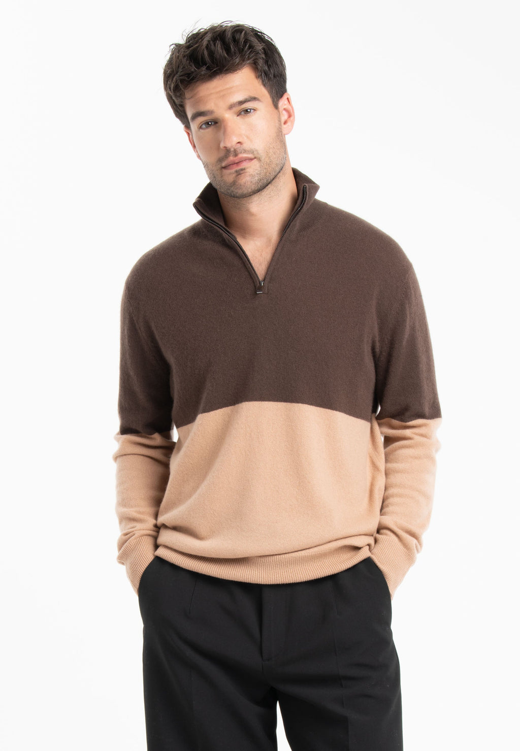 GABI 2 Two-tone cashmere trucker sweater in light brown/camel