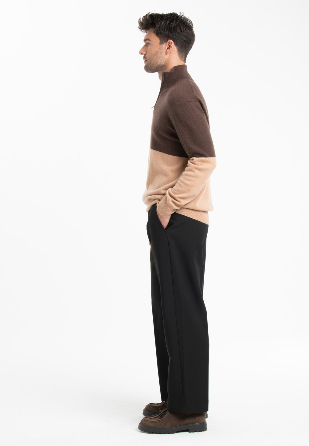 GABI 2 Two-tone cashmere trucker sweater in light brown/camel