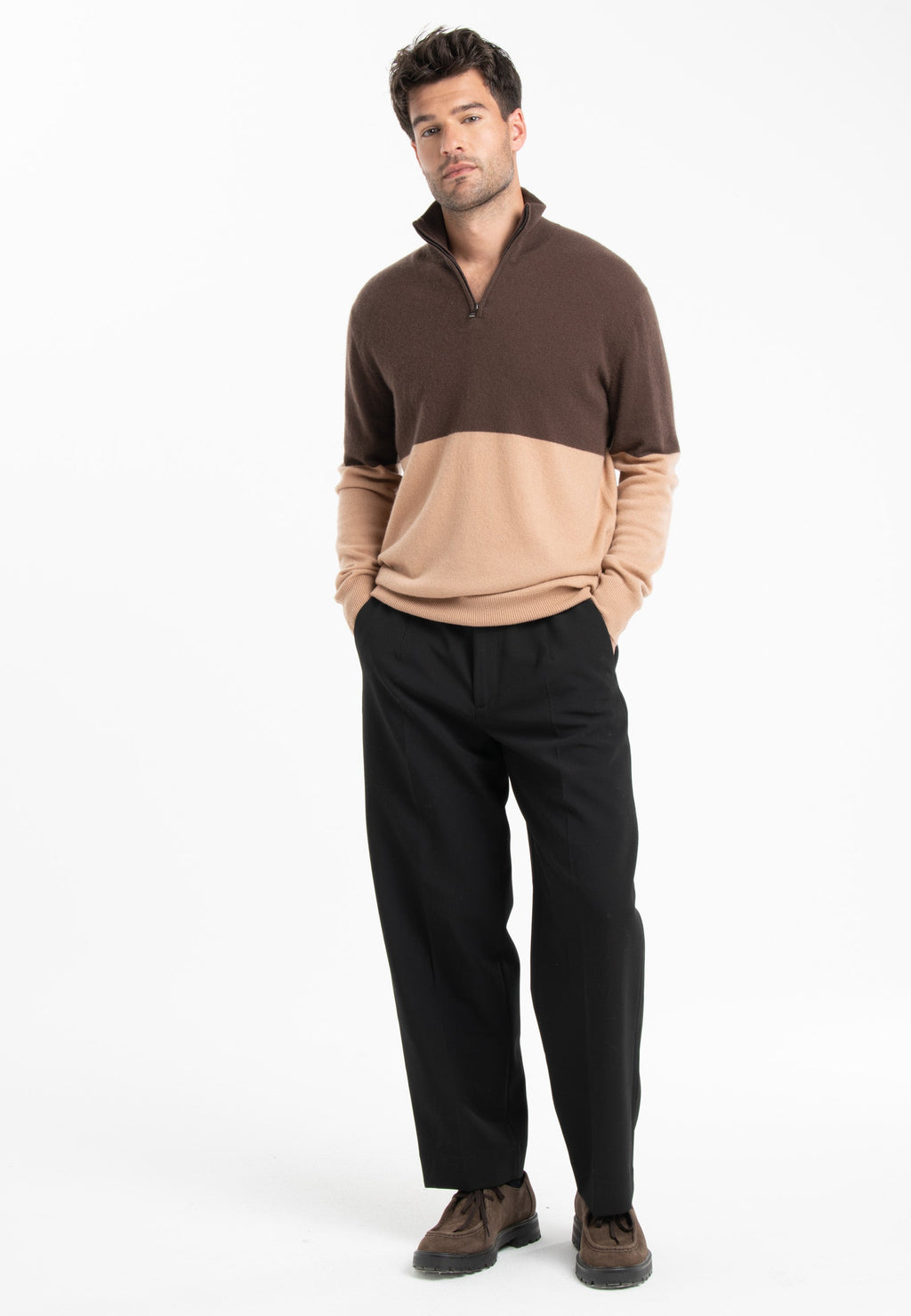 GABI 2 Two-tone cashmere trucker sweater in light brown/camel