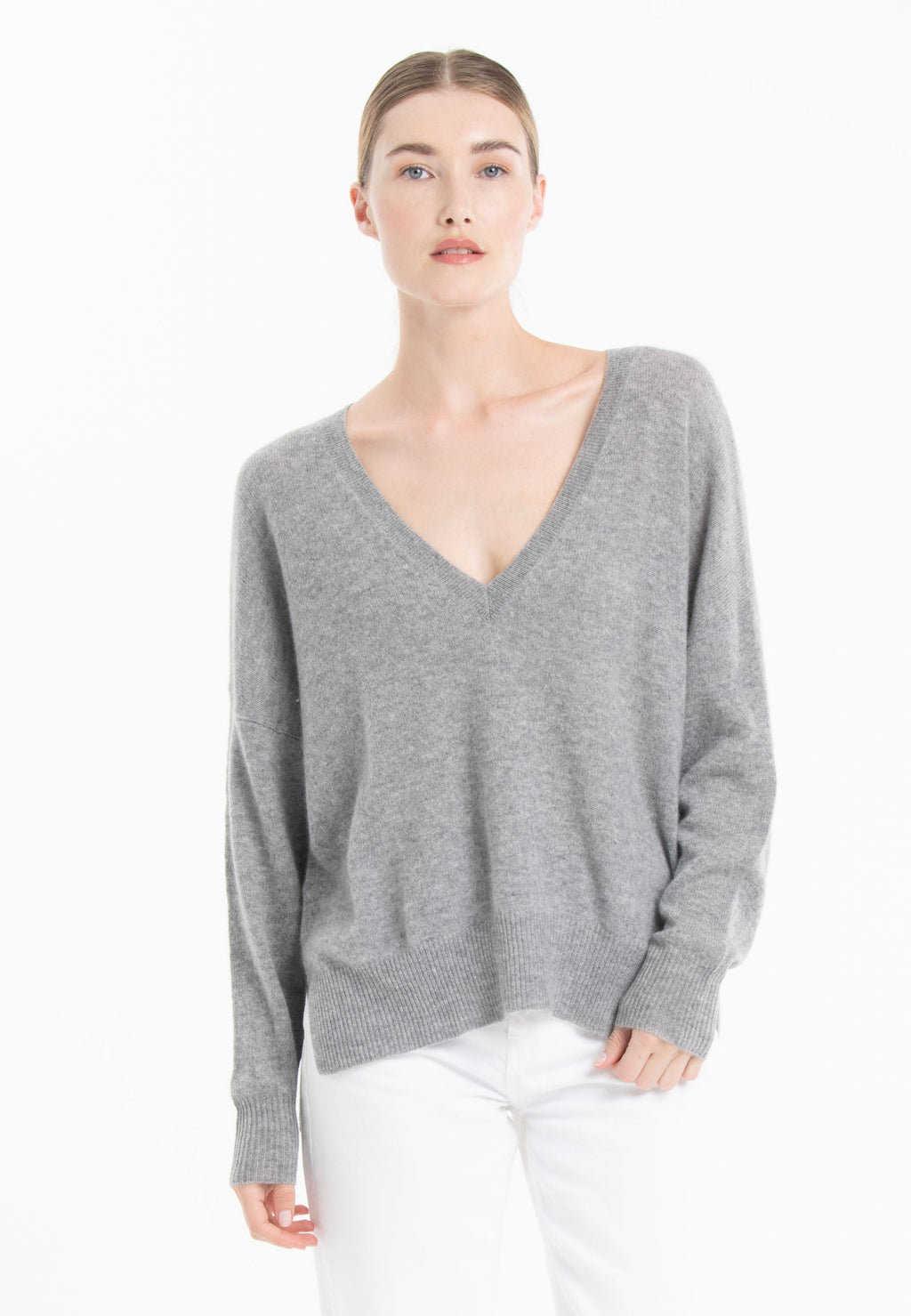 NAMI 23 V-neck cashmere sweater with grey/mandarin stripe