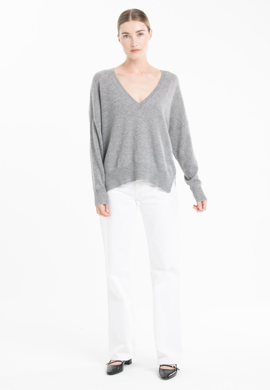 NAMI 23 V-neck cashmere sweater with grey/mandarin stripe