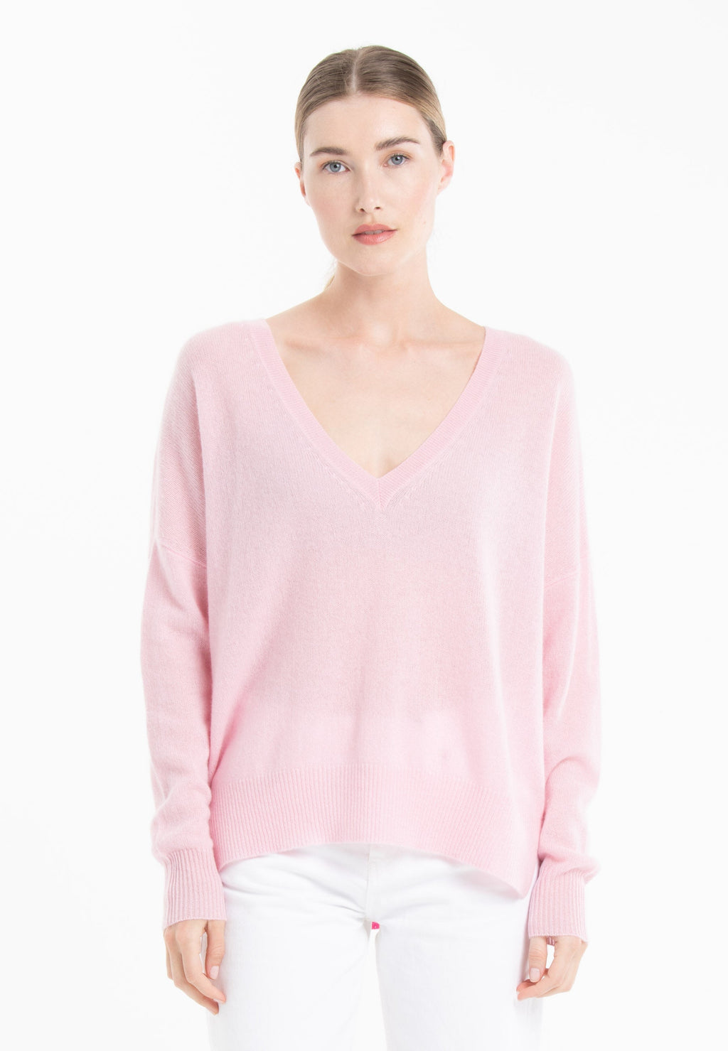 NAMI 23 V-neck cashmere sweater with pink stripe