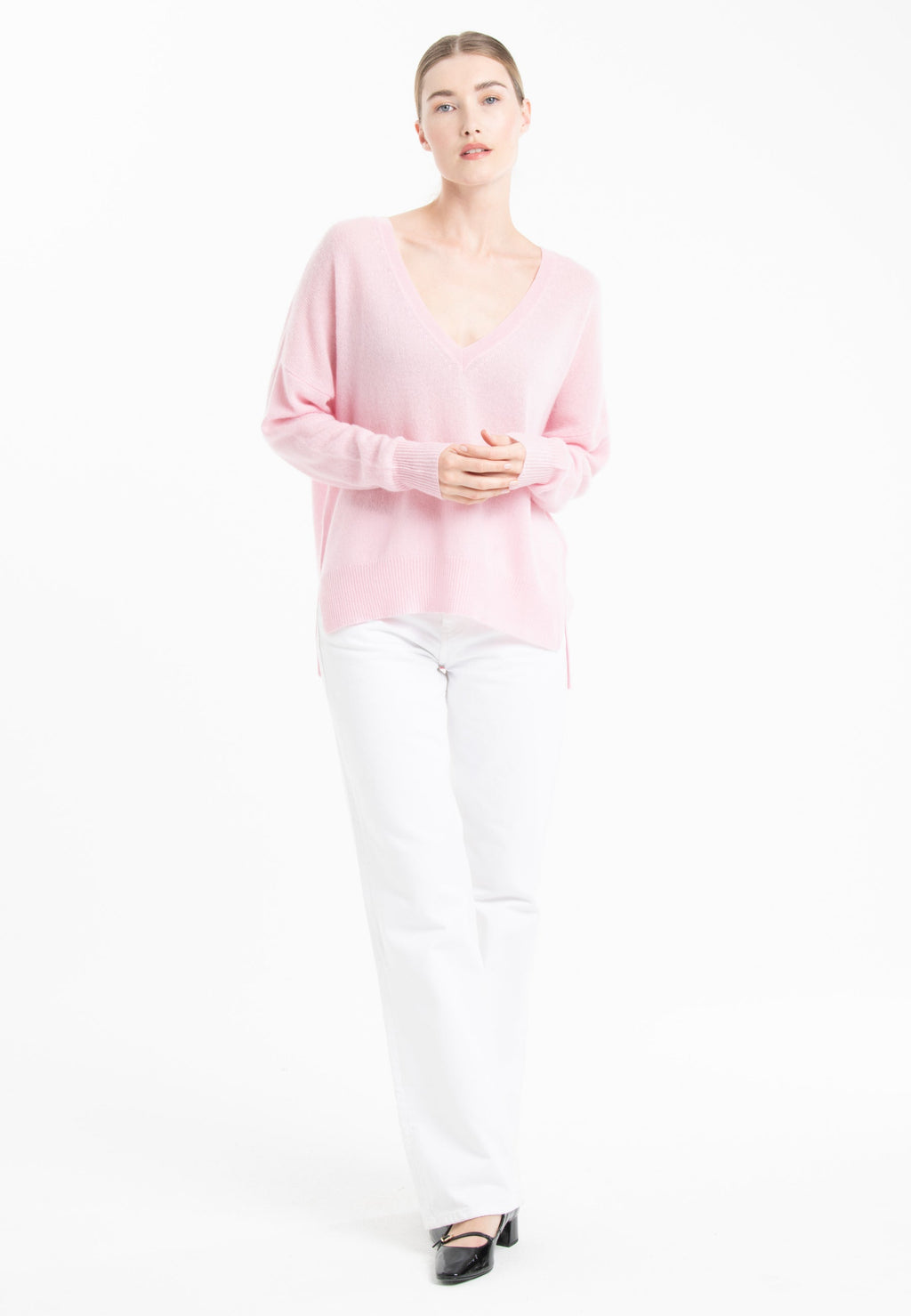 NAMI 23 V-neck cashmere sweater with pink stripe