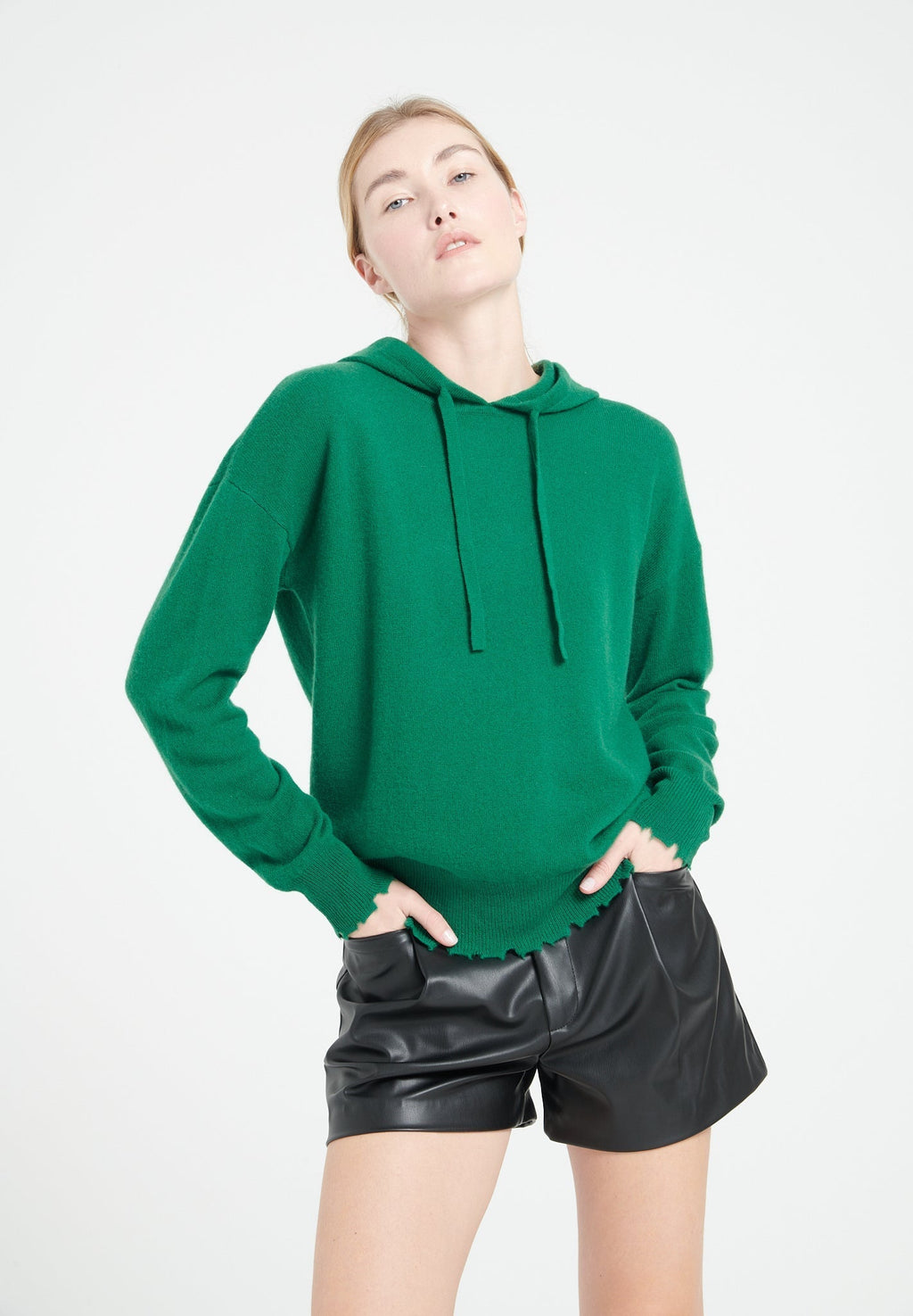 MIA 16 Cashmere hoodie with emerald green chiselled trim