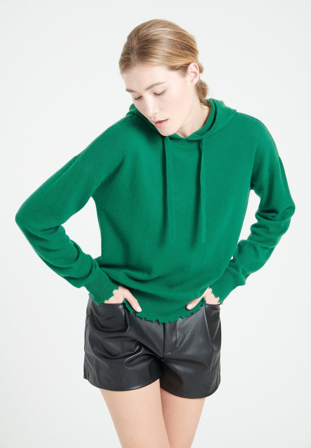 MIA 16 Cashmere hoodie with emerald green chiselled trim