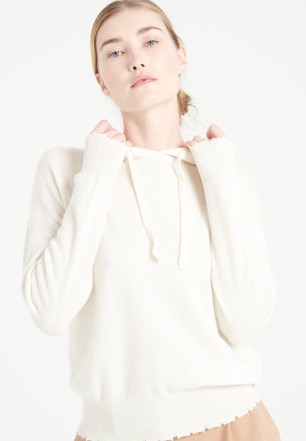 MIA 16 Cashmere hoodie with chiselled finishings ecru white