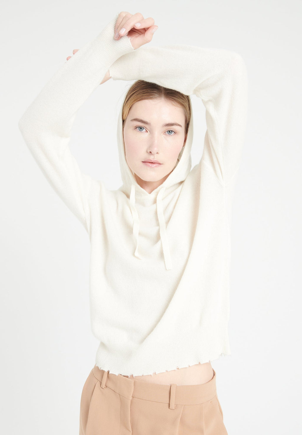 MIA 16 Cashmere hoodie with chiselled finishings ecru white