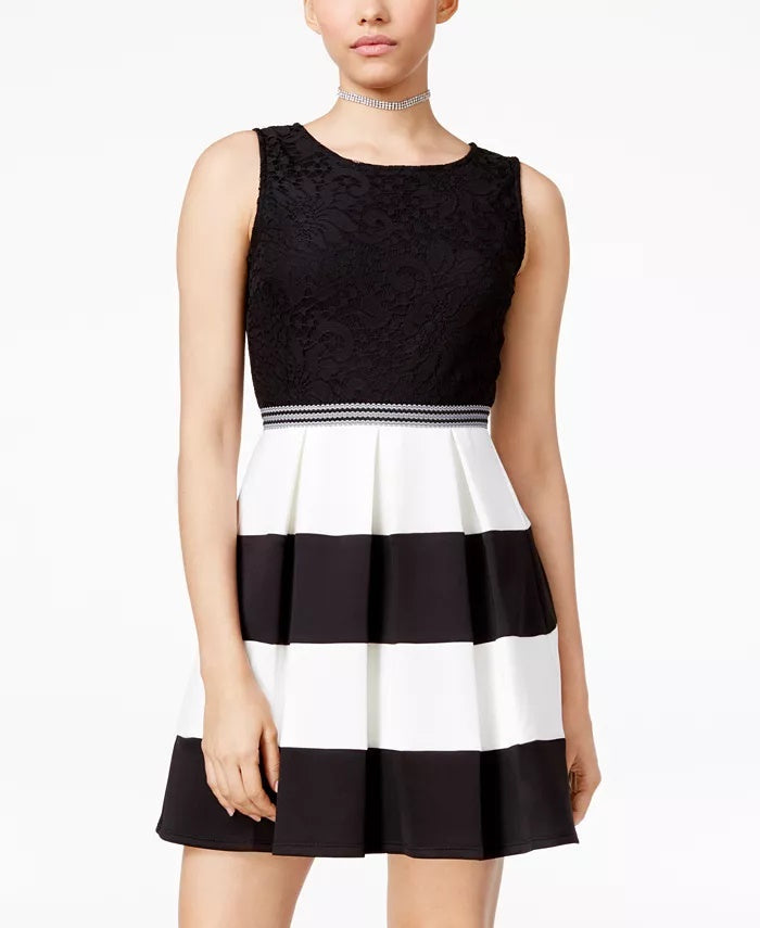 Speechless Juniors' Lace Colorblocked Fit & Flare Dress Black Size Small