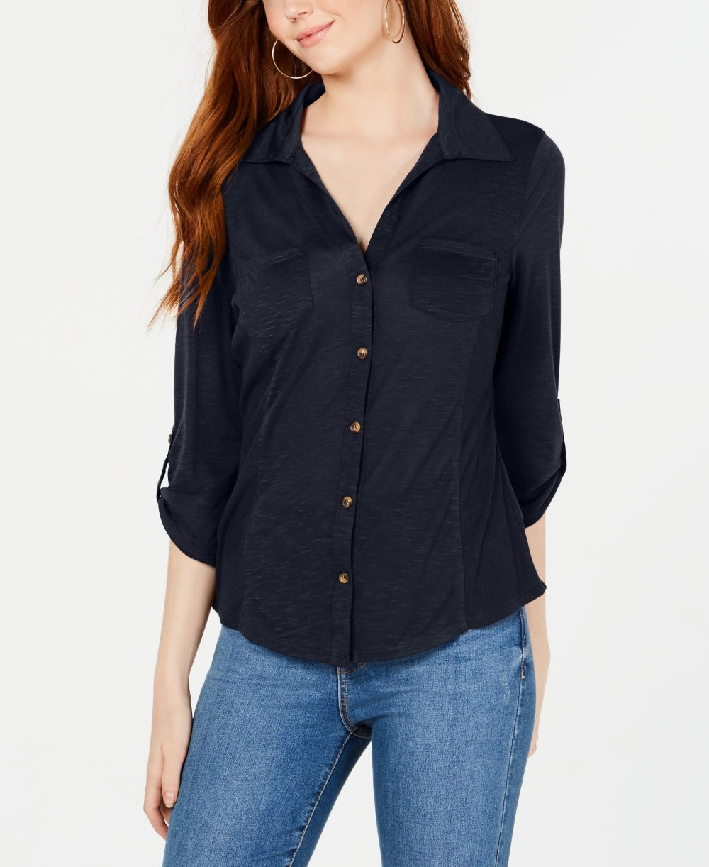 Crave Fame Juniors' Roll-Sleeve Button-FronT-Shirt Navy Size Medium