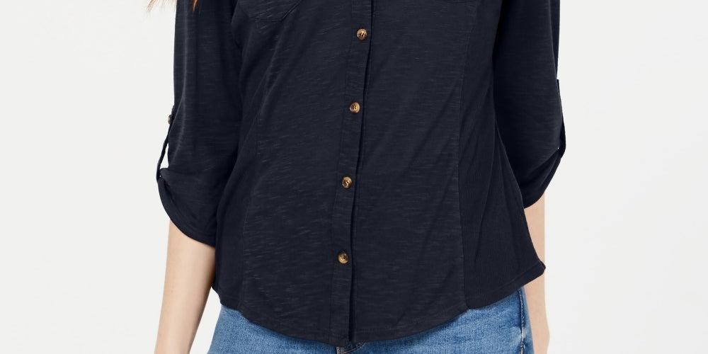 Crave Fame Juniors' Roll-Sleeve Button-FronT-Shirt Navy Size Medium