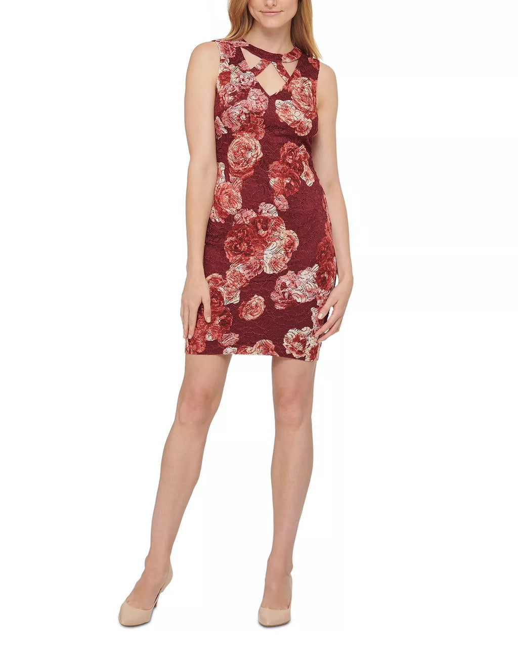 Guess Women's Lace Zippered Floral Sleeveless V Neck Short Sheath Cocktail Dress Red Size 0