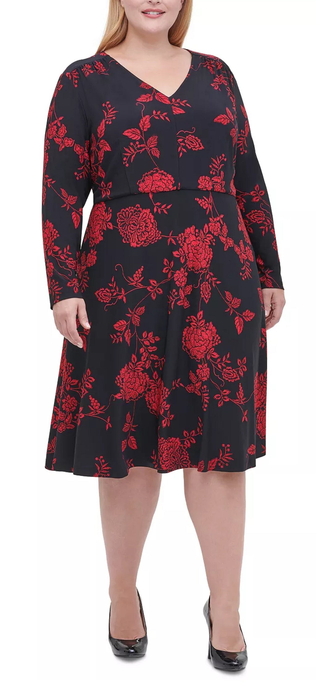 Tommy Hilfiger Women's Floral Long Sleeve V Neck Below The Knee Fit + Flare Wear To Work Dress Black Size Small