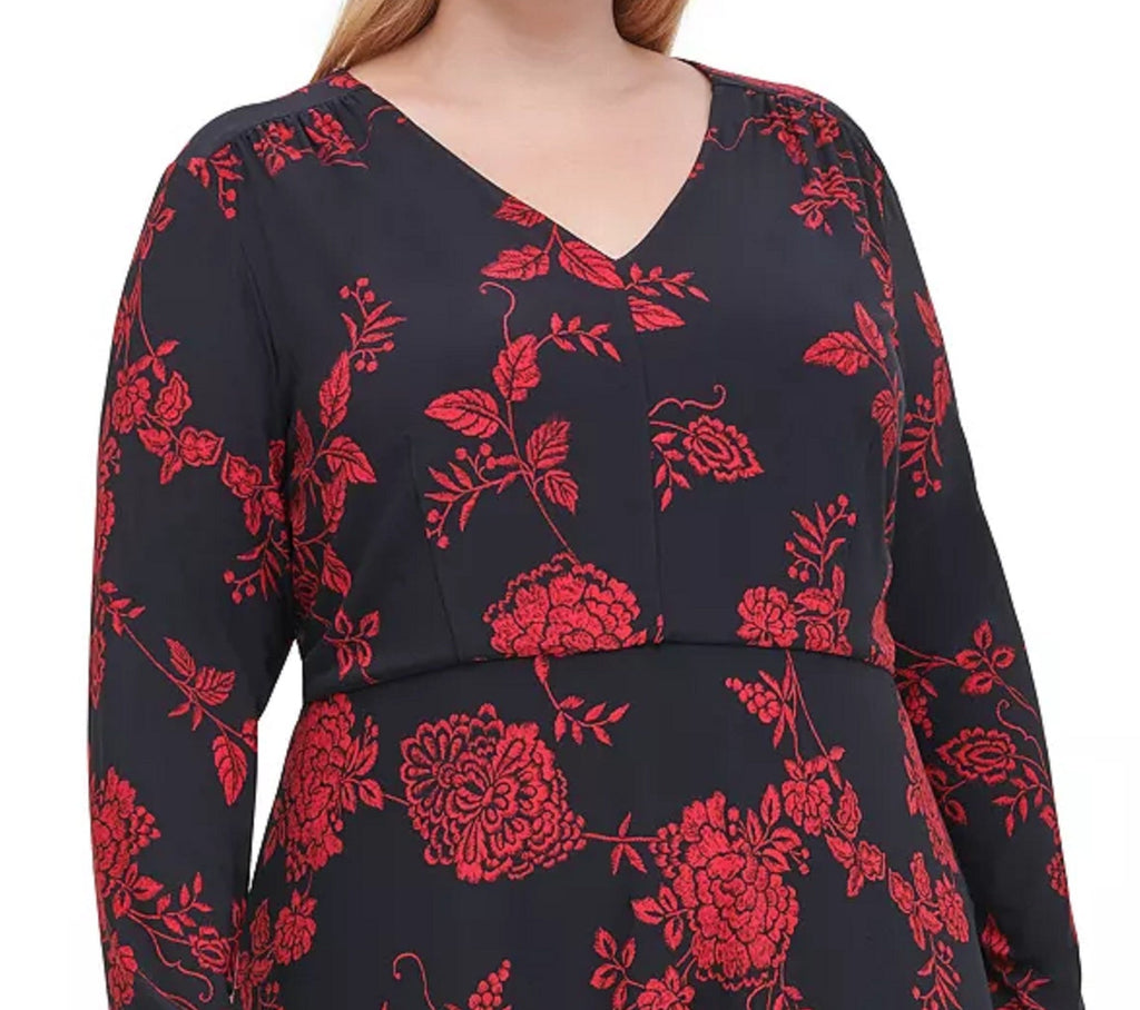 Tommy Hilfiger Women's Floral Long Sleeve V Neck Below The Knee Fit + Flare Wear To Work Dress Black Size Small