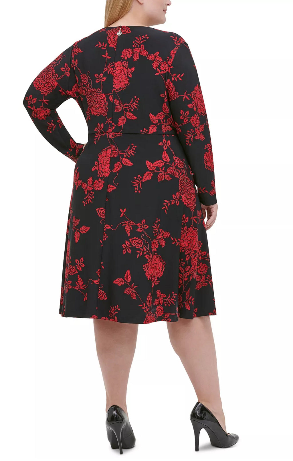 Tommy Hilfiger Women's Floral Long Sleeve V Neck Below The Knee Fit + Flare Wear To Work Dress Black Size Small