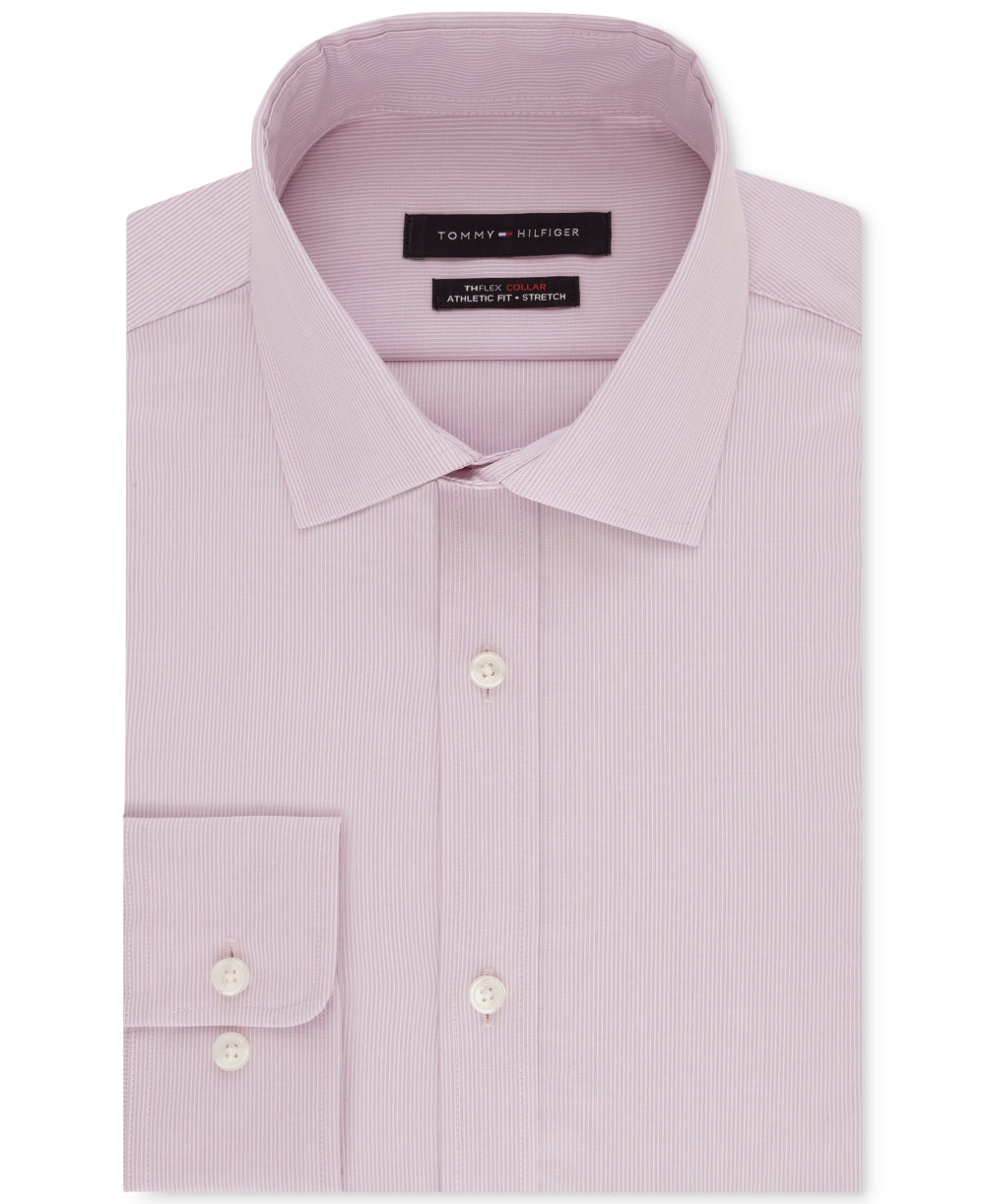 Tommy Hilfiger Men's Athletic Fit Performance Stretch Flex Collar Fineline Stripe Dress Shirt Pink Size 32/33
