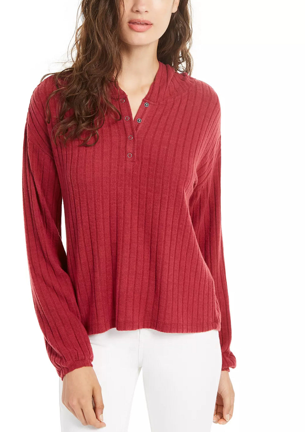 Ultra Flirt Women's Henley Long Sleeve Hoodie Sweater Red Size Large