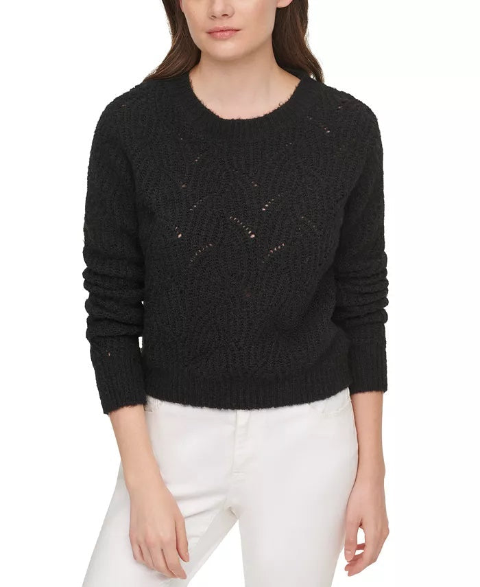 DKNY Women's Open-Knit Long Sleeve Crew Neck Sweater Black Size Large