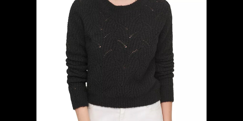 DKNY Women's Open-Knit Long Sleeve Crew Neck Sweater Black Size Large