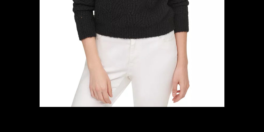 DKNY Women's Open-Knit Long Sleeve Crew Neck Sweater Black Size Large