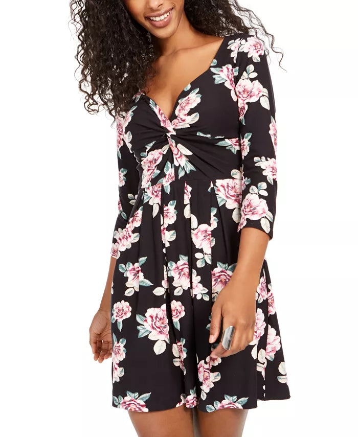 Planet Gold Junior's Floral Twist-Front Dress Black Floral Size Medium