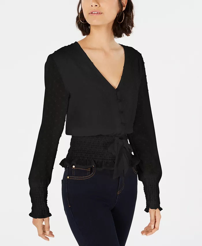 Q & A Women's Smocked Tie Front Blouse Black Size X-Small