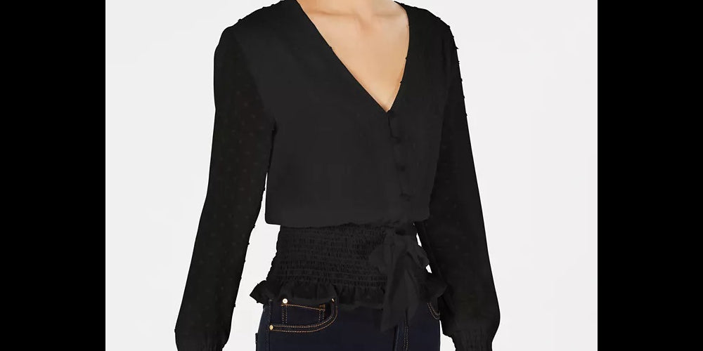Q & A Women's Smocked Tie Front Blouse Black Size X-Small
