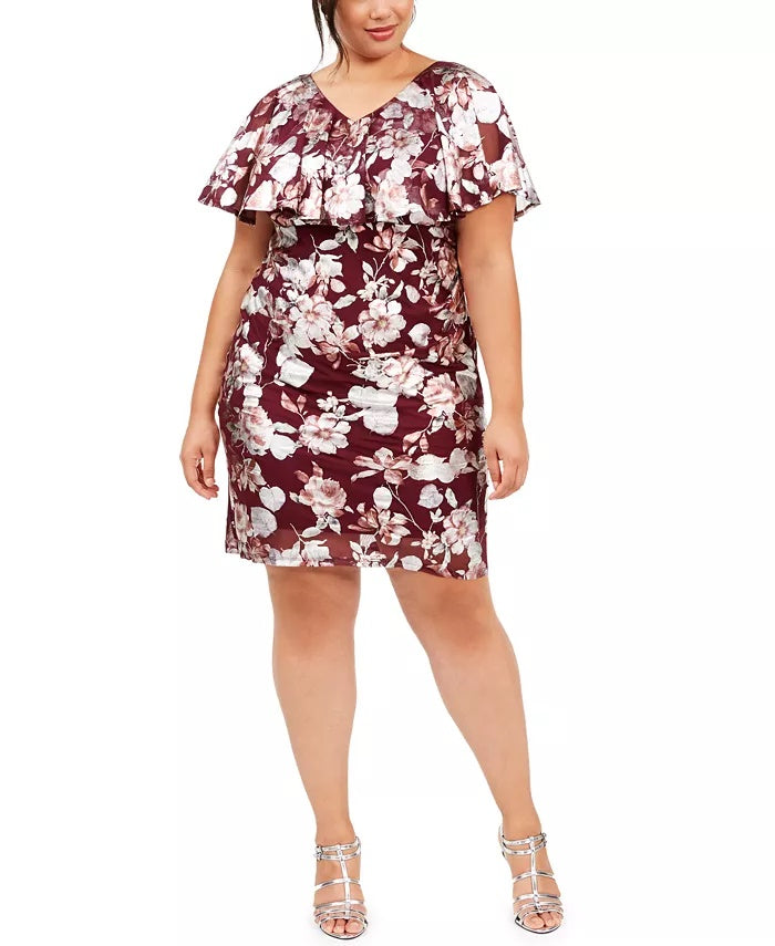 Connected Apparel Women's Cape Overlay Cape Overlay Floral Sleeveless V Neck Above The Knee Evening Sheath Dress Purple Size 20W