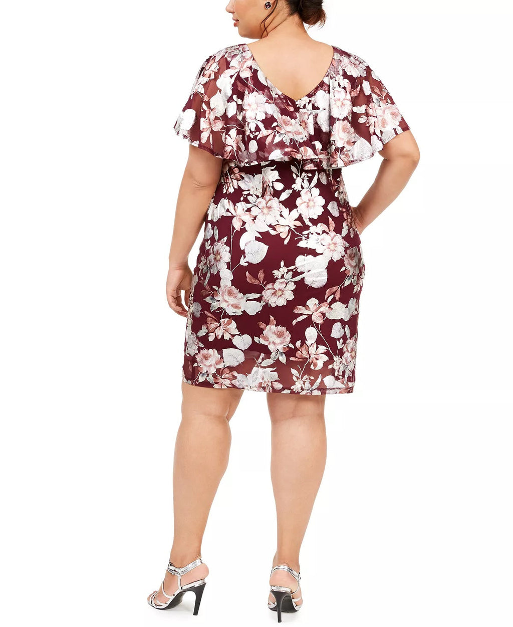 Connected Apparel Women's Cape Overlay Cape Overlay Floral Sleeveless V Neck Above The Knee Evening Sheath Dress Purple Size 20W