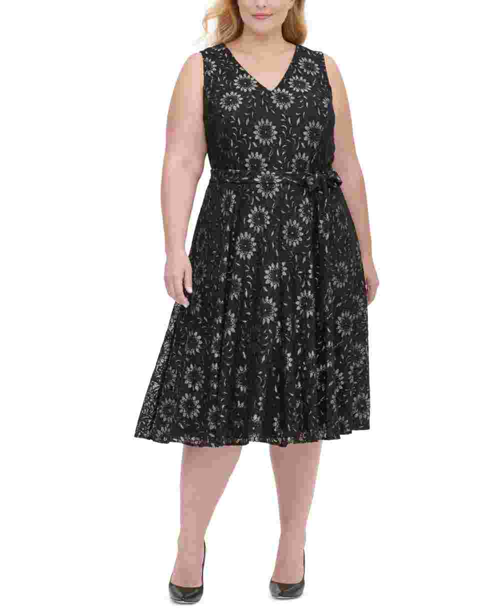 Tommy Hilfiger Women's Plus Sleeveless Lace Fit & Flare Dress Gray Size Petite Small