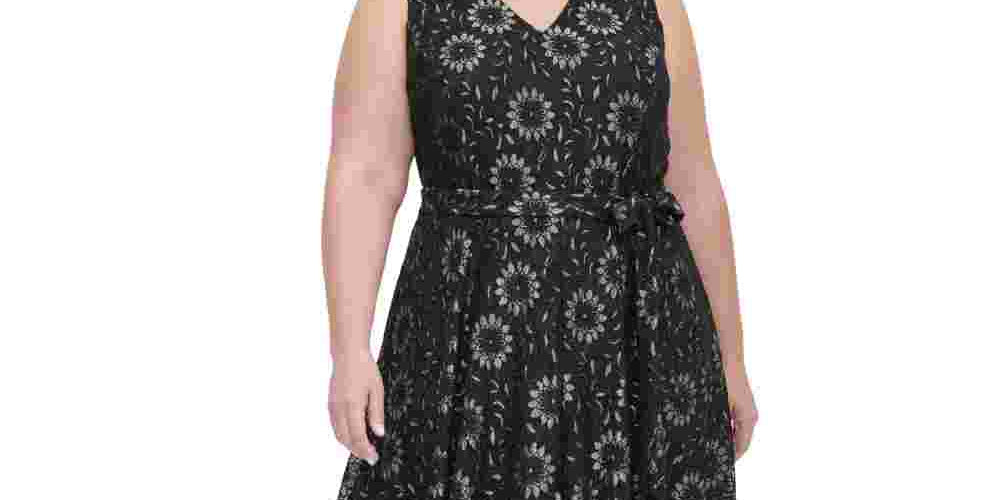 Tommy Hilfiger Women's Plus Sleeveless Lace Fit & Flare Dress Gray Size Petite Small