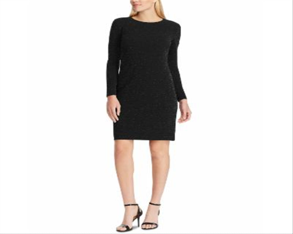 Ralph Lauren Women's Shimmering Long Sleeve Jewel Neck Knee Length Body Con Evening Dress Black Size 4