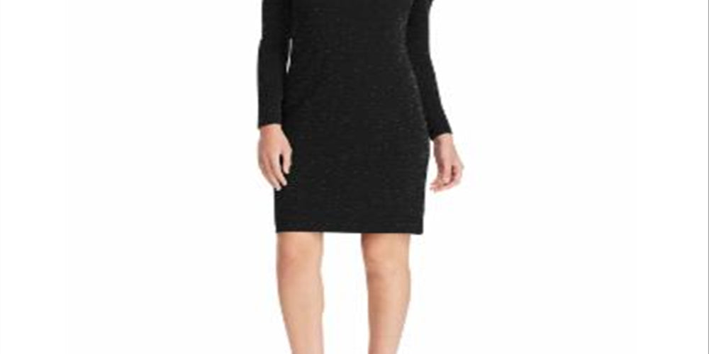 Ralph Lauren Women's Shimmering Long Sleeve Jewel Neck Knee Length Body Con Evening Dress Black Size 4