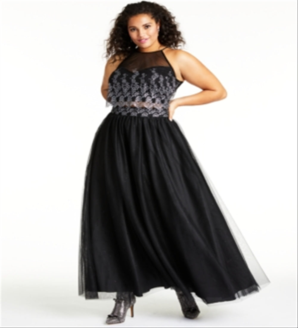 Teeze Me Women's Mesh Gown Sleeveless Halter Maxi Formal Fit Flare Dress Black Size 16W