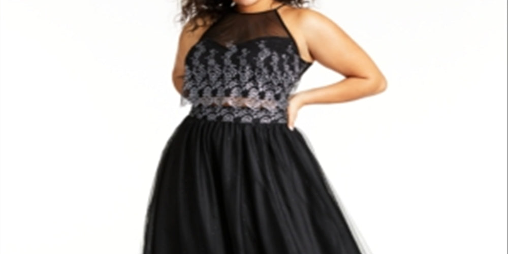 Teeze Me Women's Mesh Gown Sleeveless Halter Maxi Formal Fit Flare Dress Black Size 16W
