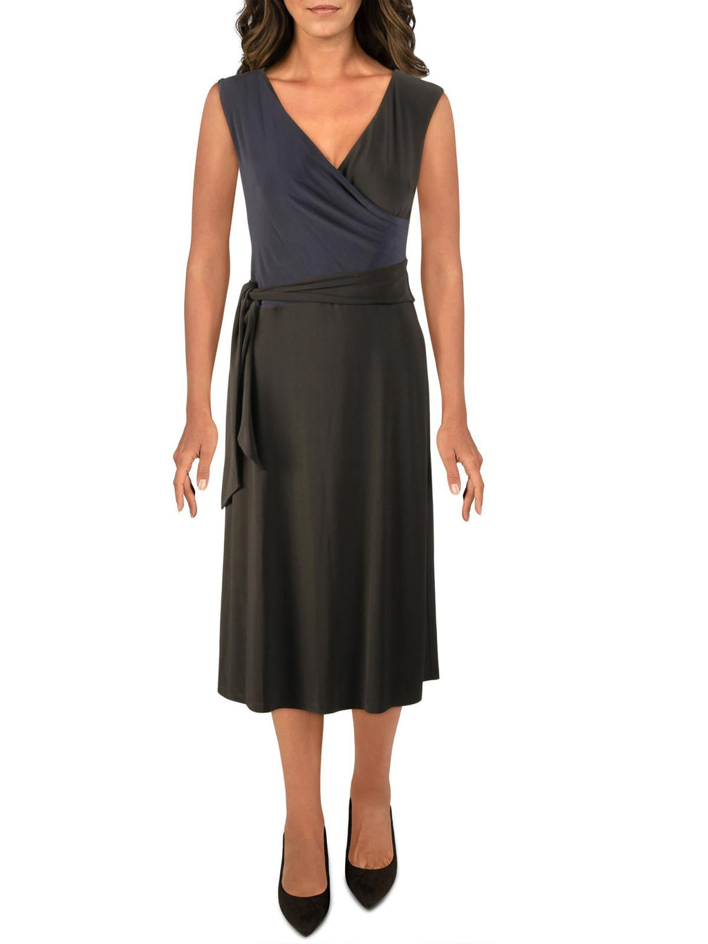 Ralph Lauren Women's Dorena MIDI Faux Wrap Wear to Work Dress Black Size 10
