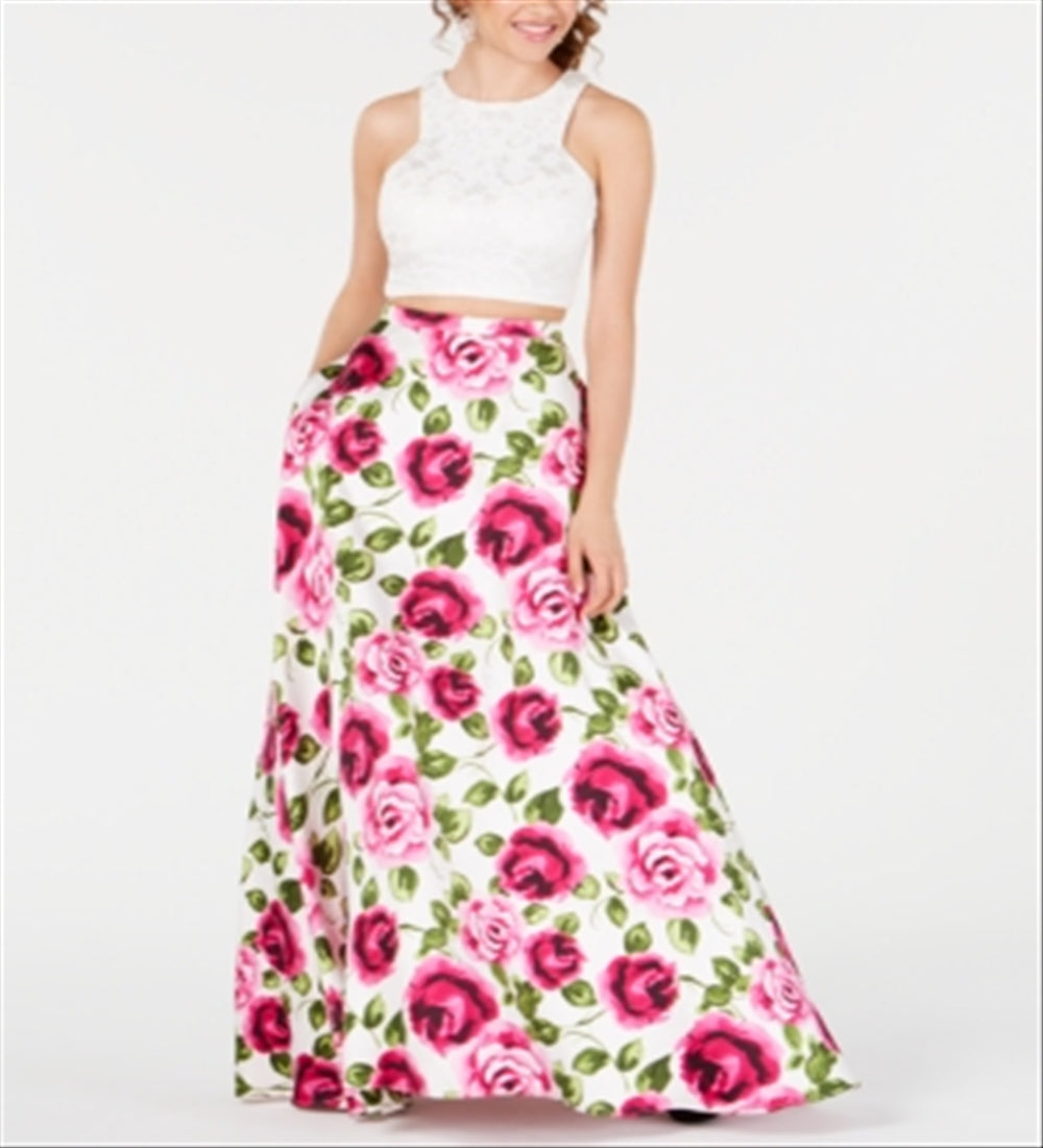 B Darlin Junior's 2 Pc Lace Floral Print Gown Pink Size 11/12