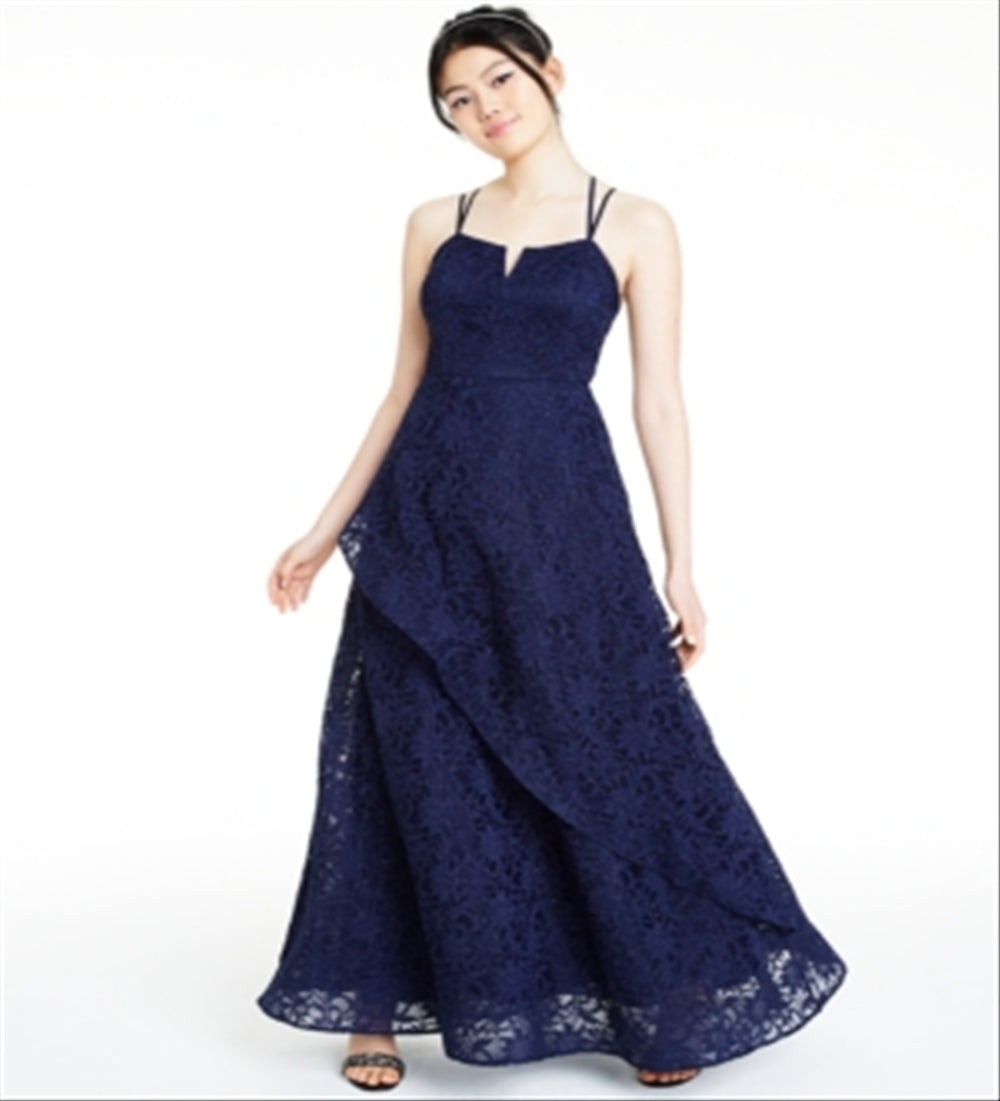BCX Women's Glitter Floral Spaghetti Strap V Neck Full Length Fit Flare Formal Dress Blue Size 1