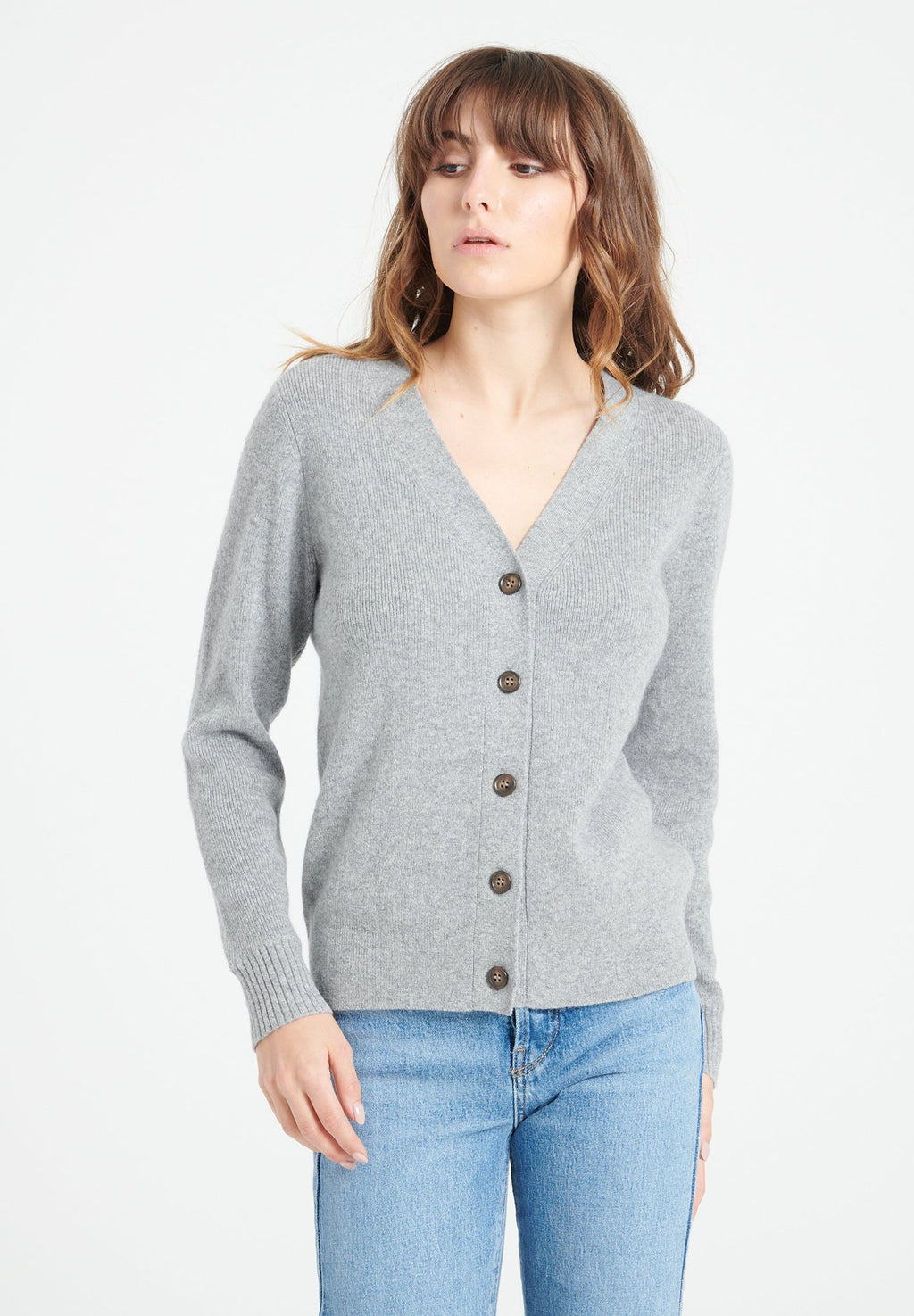 MIA 14 V-neck cashmere cardigan in ribbed knit, light grey