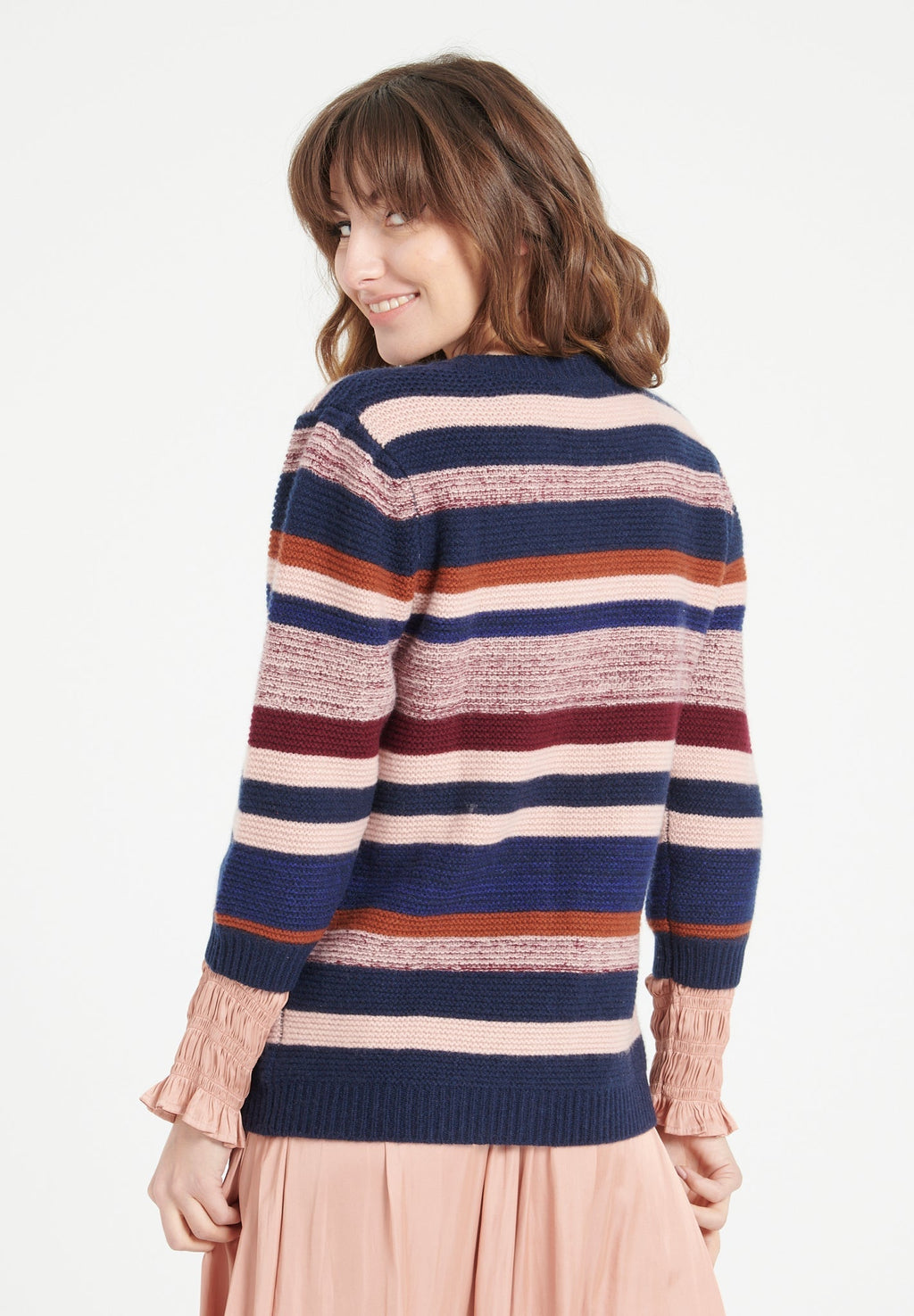 MIA 11 Striped cashmere V-neck cardigan with puffed sleeves 6 multi-colored yarns