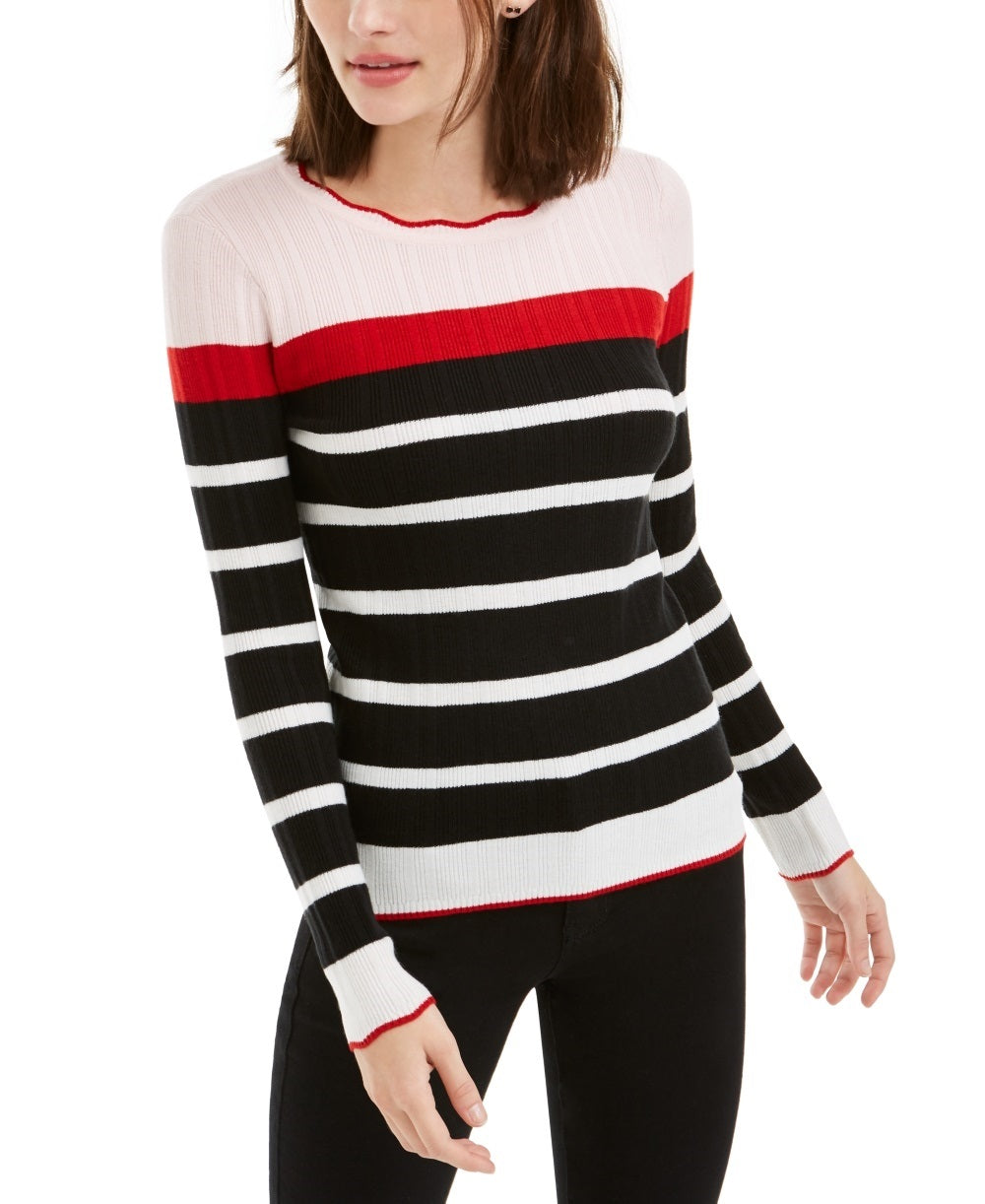 Maison Jules Women's Black Striped Long Sleeve Jewel Neck Sweater Pink Size XX-Large