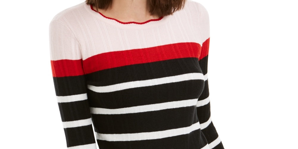 Maison Jules Women's Black Striped Long Sleeve Jewel Neck Sweater Pink Size XX-Large