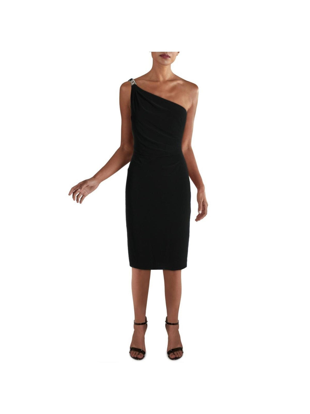 Ralph Lauren Women's Embellished Sleeveless Asymmetrical Neckline Below The Knee Body Con Cocktail Dress Black Size 6